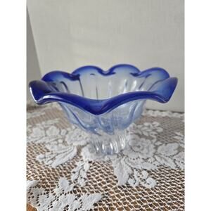 Shannon Crystal Designs of Ireland 10" Cobalt Blue to Clear Swirled Ruffled Bowl